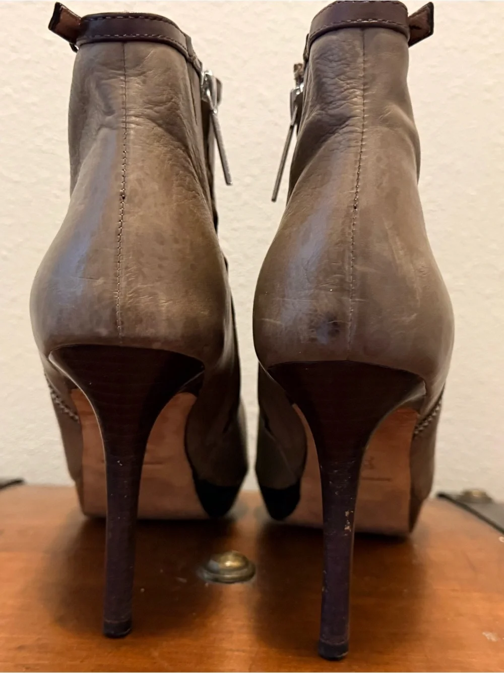 Donald J Pliner Taupe Leather Ankle Booties with Zip and Buckle